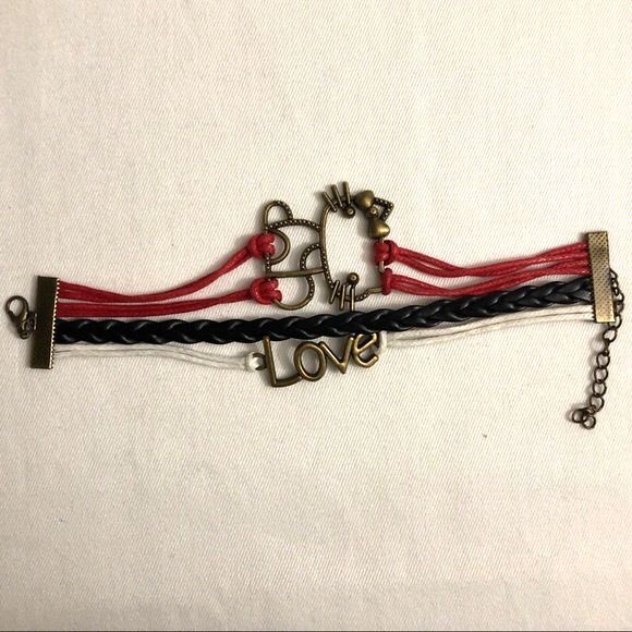 Kitty Love Braided PU Leather Wrap Charm Bracelet Red & Black - Picture 1 of 3